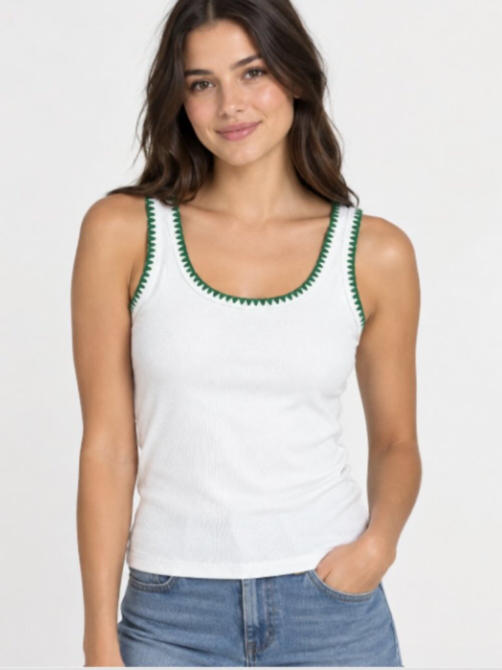 Boden Crochet Trim Tank Top Size M Medium US 8 White Green Ribbed